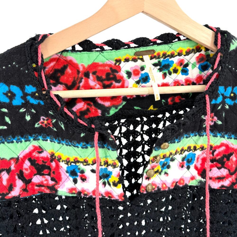 Free People Black Crochet Floral Cottagecore Boho Lace Up Sweater Top - Picture 2 of 9